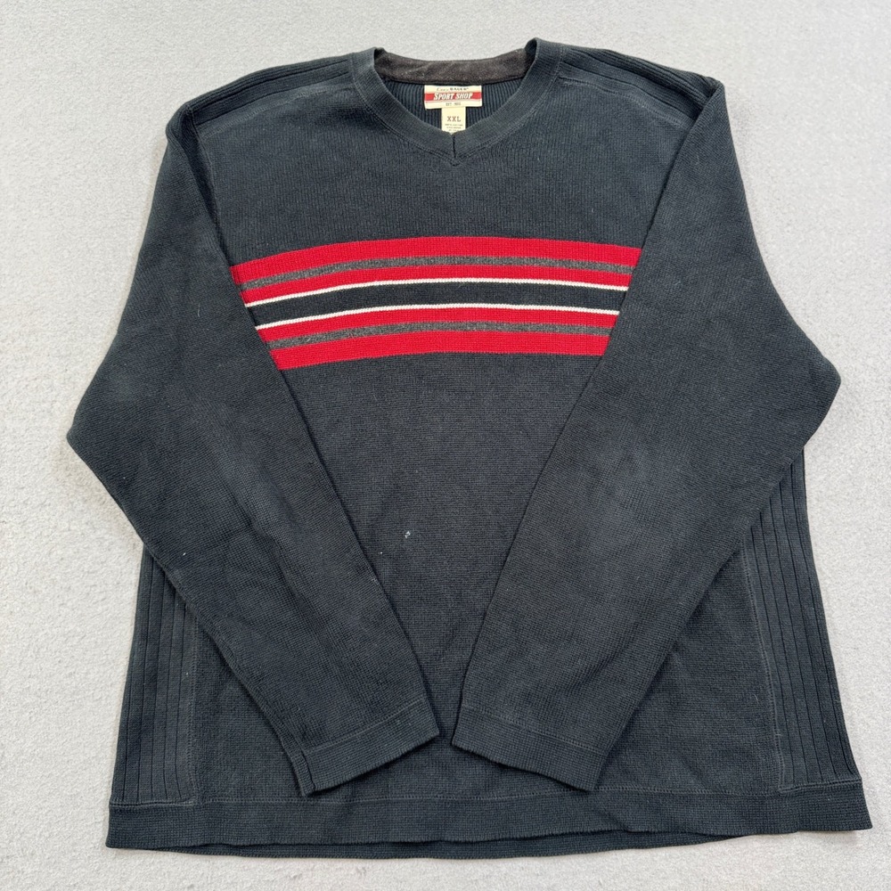 Y2K Eddie Bauer Sport Shop Sweater Men's 2XL Black Striped V-Neck Cotton Ribbed